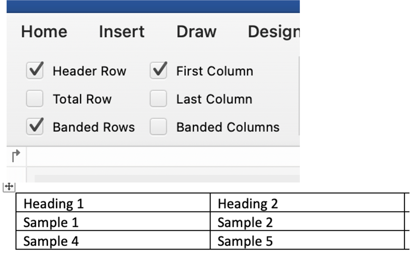 Set the header row and/or header column in the Table Design tab
